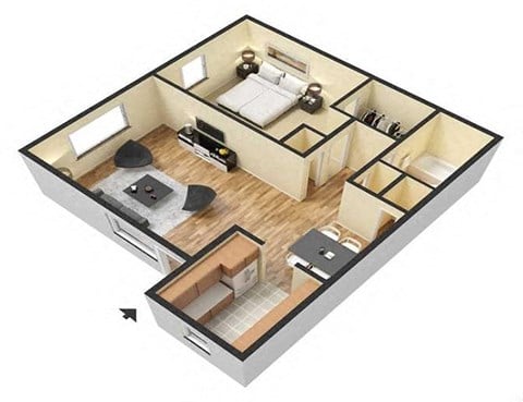 Floor plan for 1 bed, 1 bath, 620 sqft